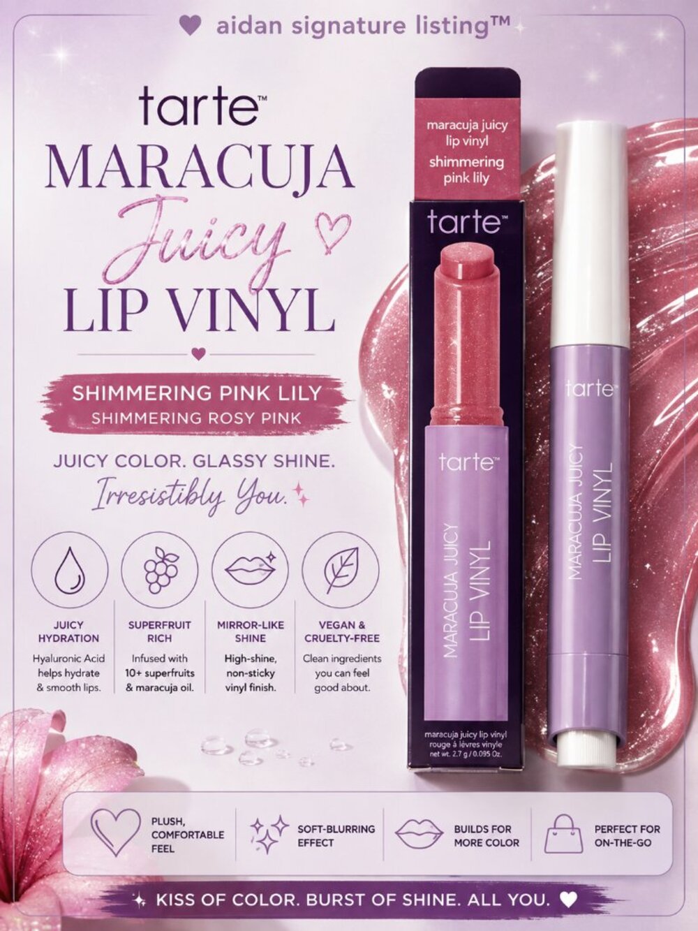 tarte Maracuja Juicy Lip Vinyl Shimmering Pink Lily Rosy Pink Lip Gloss NIB